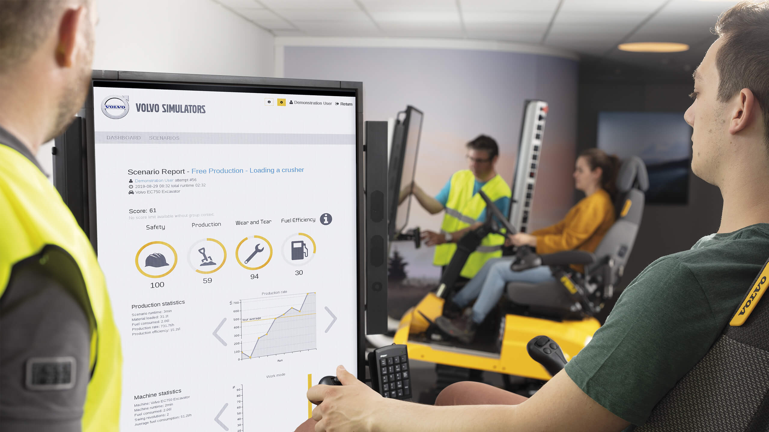 A guy is practicing in a simulator with a teacher standing next to him. In the background girl in simultaneous with teacher next to