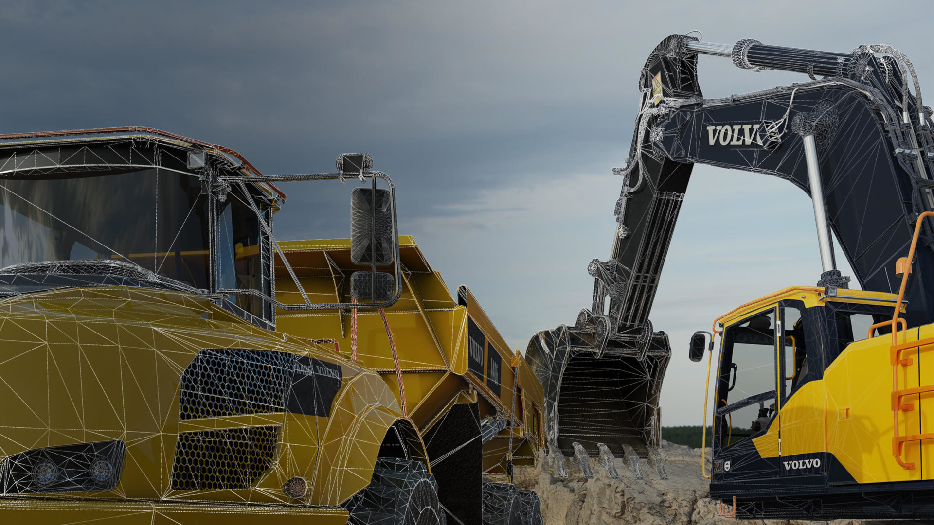 yellow excavator loads in yellow dump truck. Above this lies a layer of technology lines